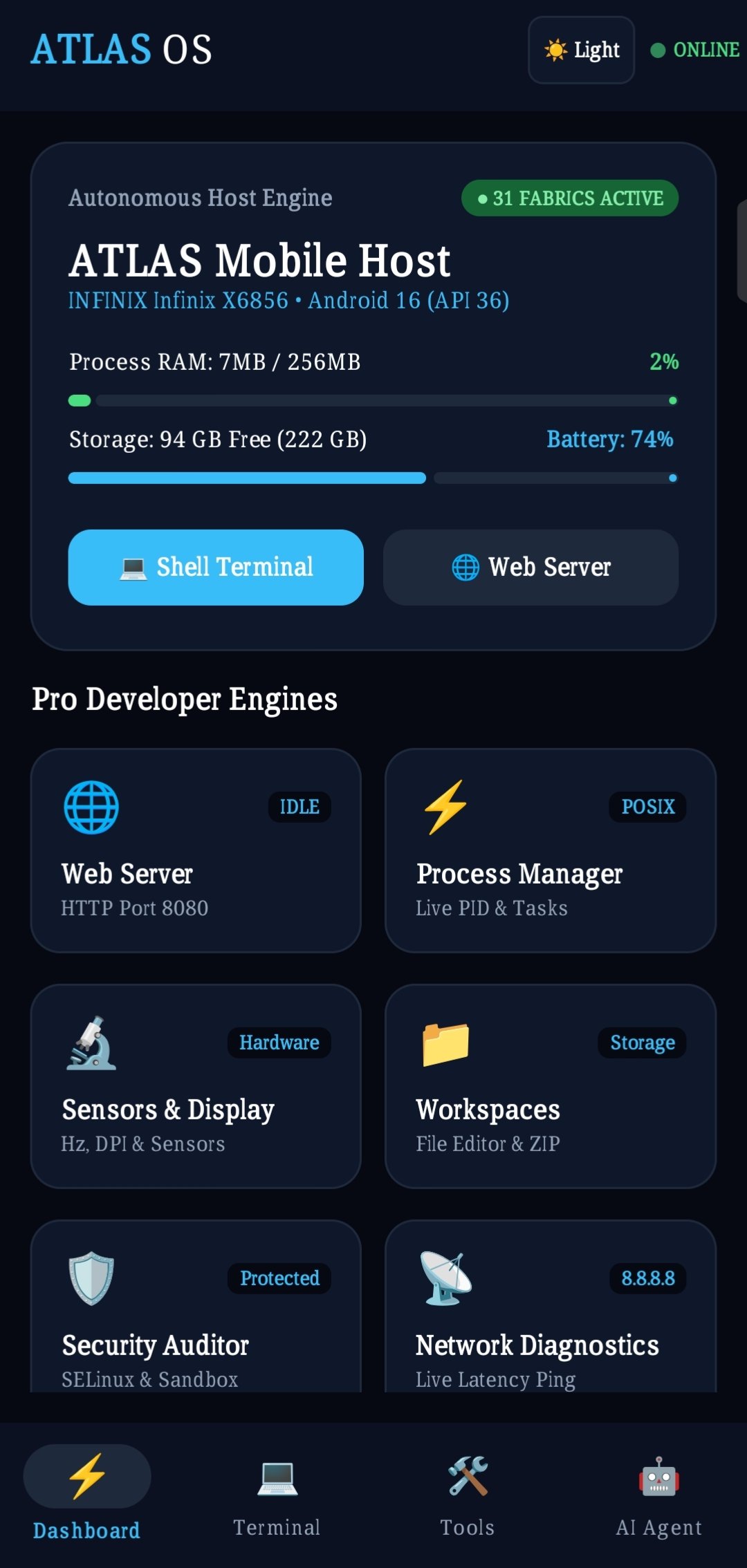 ATLAS-OS Titan Edition app UI, second screen view