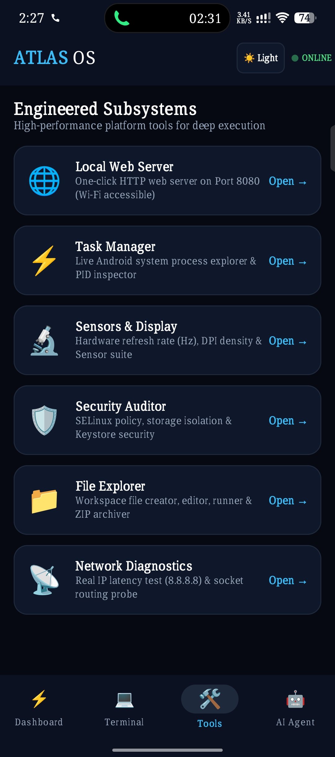 ATLAS-OS Titan Edition running on Android, showing the app's on-device interface